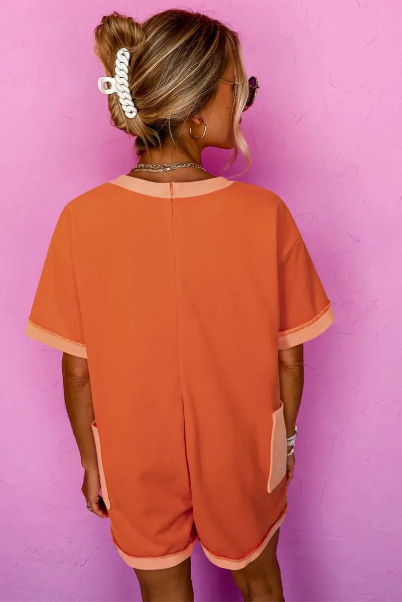Russet Orange Two-tone Short Sleeve V Neck Patched Pocket Loose Romper - Love Salve